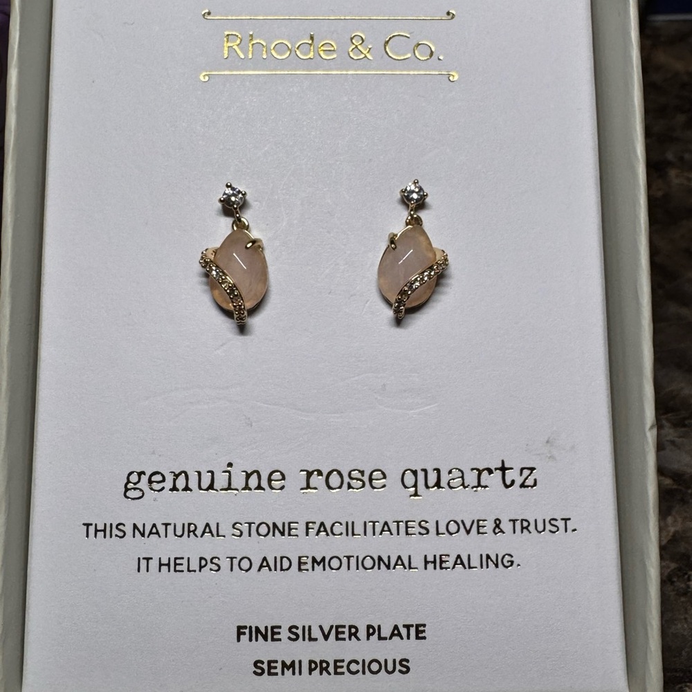 Rhode & Co Silver Plated Genuine Rose Quartz Stud Earrings Crystal Accents